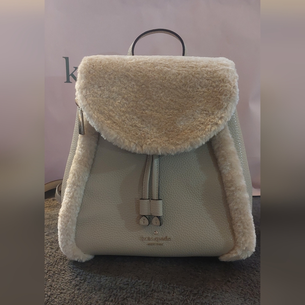 Kate Spade Leila Leather Medium Flap Backpack Faux Shearling in Light Sand